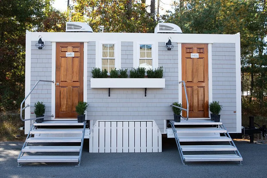 Wedding restroom units discretely staged at a venue in Hollister, California